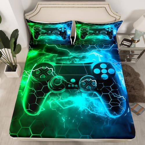 Feelyou Kids Boys Green Gamer Sheet Set King Size, Honeycomb Gaming Bed Sheets Set Lightning Gamepad Sheets with Deep Pocket Fitted Game Room Decor Bedding Set Microfiber Soft Bed Set - Image 2