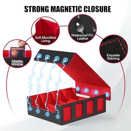 Kabinka Trading Card Storage Box with Commander Display, 4-Row Deck Case with Removable Lid; 2400+ Card Deck Box for MTG TCG Sports Card, 4 Top Loaders, 4 Stoppers, 24 Dividers,1 Dice Bag (Black Red) - Image 4