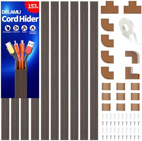 Delamu 157in Cord Hider Wall, TV Cable Hider Cord Covers for Wires on Wall, Large Cable Cover Raceway to Hide 2-4 Cords, Wire Hiders Wire Covers for Cords for TV on Walls, W1.18 H0.6in, Darkwood by DELAMU