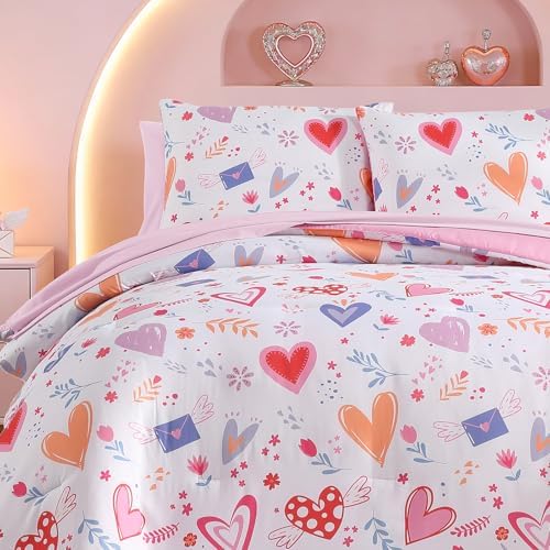 Girls Twin Bedding Set - 5 Pieces Heart Pattern Twin Comforter Set for Kids - Image 6