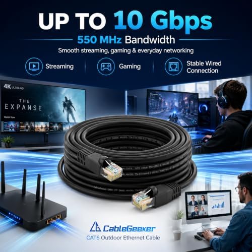 CableGeeker Cat 6 Outdoor Ethernet Cable, 100 ft, Direct Burial, Black - Image 2
