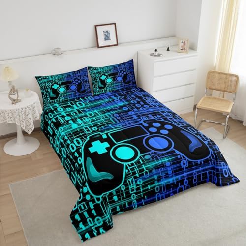 Feelyou Kids Boys Blue and Green Gamer Comforter Set Full Size, Geometric Teens Gaming Bedding Set for Game Comforter Game Room Duvet Set Gamepad Microfiber Bed Set Room Decor Set Bedding Collection - Image 3