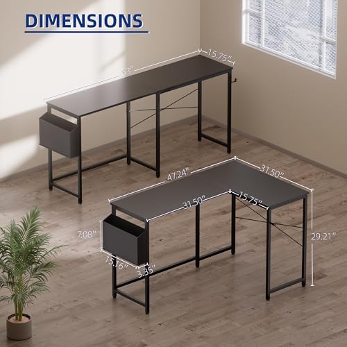 Pamray 47 Inch Reversible L Shaped Gaming Desk Corner Computer Desk with Storage Bag Home Office Table for Writing Study Pink - Image 2