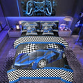 Feelyou Race Car King Comforter Set with Sheets for Kids Boys Black White Checkered Flag Print Bed in a Bag Extreme Sports Bedding Set 7 Piece Honeycomb Speed Sports Car Blue Bed Set by Feelyou