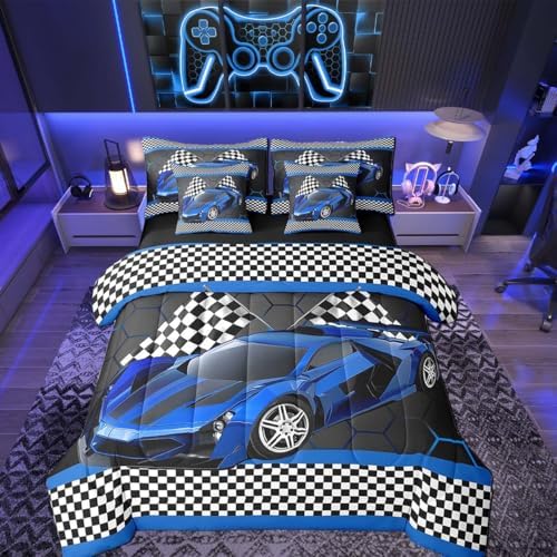 Feelyou Race Car King Comforter Set with Sheets for Kids Boys Black White Checkered Flag Print Bed in a Bag Extreme Sports Bedding Set 7 Piece Honeycomb Speed Sports Car Blue Bed Set by Feelyou