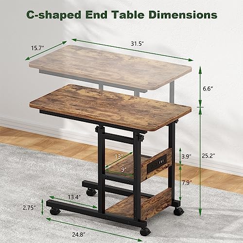 Rolling C Shaped End Table with Charging Station for Couch, Height Adjust - Image 2