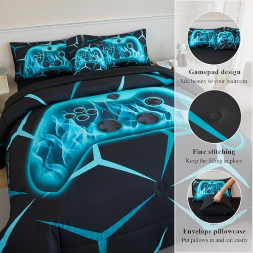 6 Pieces Queen Size Bed in A Bag Boys Game Console Bedding Sets Black Aqua Geometric Gamepad Comforter Set for Kids Gaming Bedding Set for All Seasons(Aqua, Queen) - Image 5