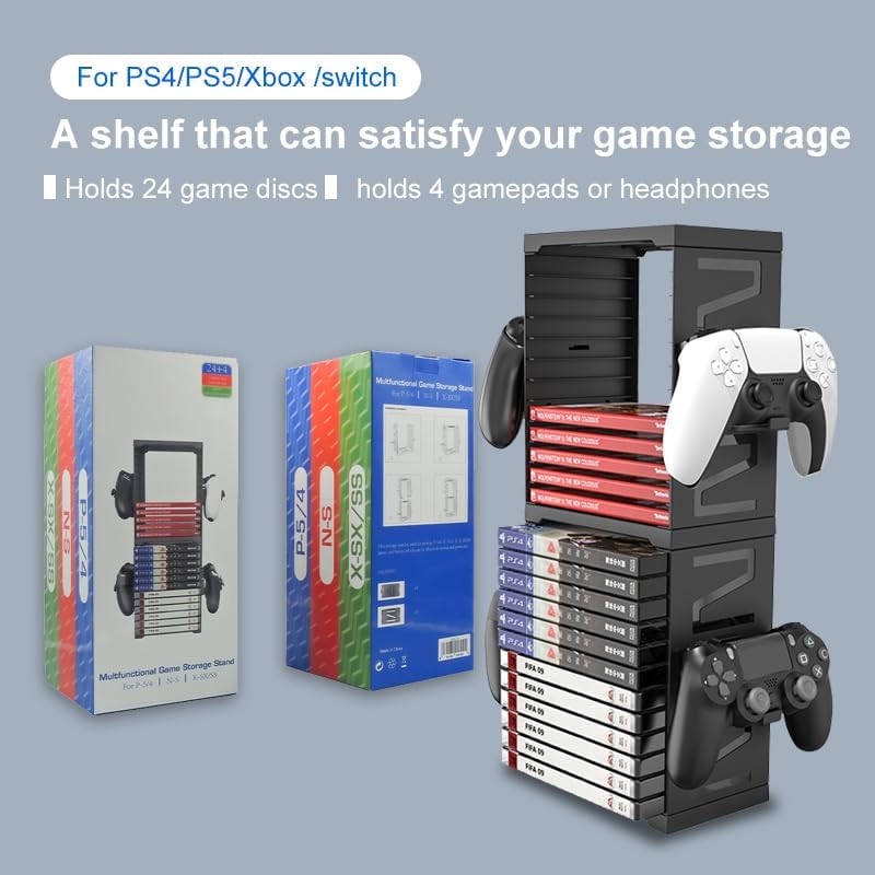 HONCAM Video Game Storage Tower for PS5 PS4 Xbox Nintendo Switch Games, Universal Discs Organizers 24 PCS with 4 Controllers Holder, Disk Box Stand Rack Accessories - Image 5