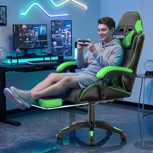 Bigzzia Ergonomic Gaming Chair with Footrest & Breathable PU Leather, Green - Image 2
