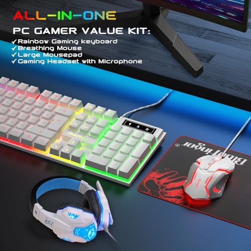 BlueFinger RGB Gaming Keyboard and Backlit Mouse and Headset Combo, USB Wired Backlit Keyboard, LED Gaming Mouse Set, Headset with Microphone for Laptop PC Computer Game and Work, White - Image 6