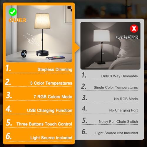 Ascher Bedside Table Lamp Set of 2, RGB Color Changing, 3 Color Temperatures, Dimmable Nightstand Lamp with USB C+A Ports, Touch Desk Lamp for Bedroom Living Room, H15.6in, Flaxen Shade - Image 5