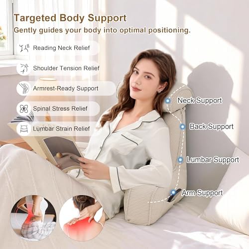 Reading Pillow for Sitting Up in Bed, Corduroy Backrest Pillow with Arms, Side Pocket & Washable Cover, Bed Rest Pillow Back Support for Adults, Beige Gray - Image 3