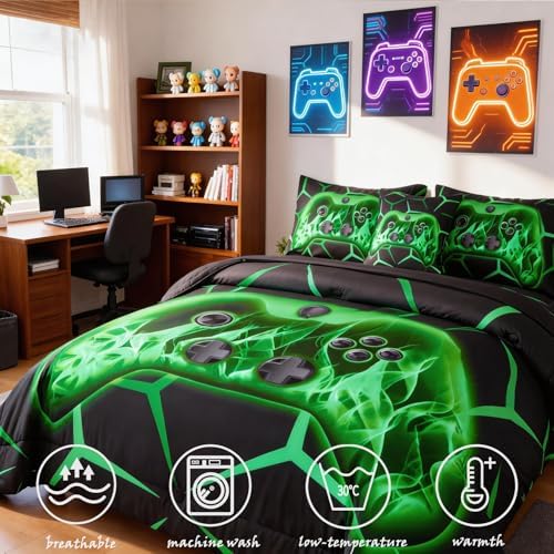 ZRNBAST Full Size Bedding Set for Boys, 6 Pieces Green Gamer Comforter Set - Image 2
