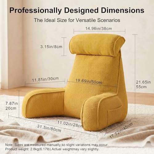 Reading Pillow for Sitting Up in Bed, Backrest Cushion with Arms, Corduroy Support Pillow with Side Pockets & Washable Cover, for Watching TV Sofa Couch Relax, Bright Yellow - Image 4