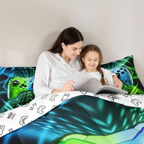 Feelyou Kids Boys Gamer Bedding Set Twin Size Gaming Comforter Set for Boys Girls Teens Blue Green Geometric Gamepad Duvet Quilt - Image 6