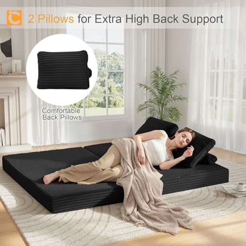 COMAX Convertible Sofa Bed, Folding Floor Couch Corduroy Fold Out Couch Bed Futon Sleeper Mattress with Pillows, Boneless Sofa Comfy Lounge Loveseat for Living Room Bedroom, Plush Black - Image 4