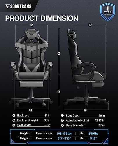 Soontrans Grey Gaming Chairs with Footrest,Ergonomic Computer Game Chair, Gamer Chair with Lumbar Pillow and Adjustable Headrest (Galaxy Grey) - Image 6