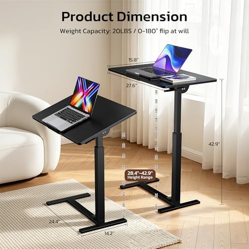 Mobile Standing Desk Adjustable Overbed Table, Pneumatic Height Adjustable Rolling Laptop Desk with Hidden Wheels, 0-180°Tilt Top Rolling Computer Cart Foldable for Home Office, Craft & Study, Black - Image 3