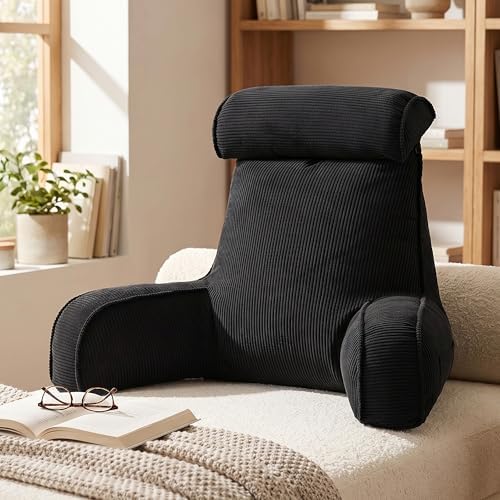 Corduroy Reading Pillow for Sitting Up in Bed, Bed Rest Backrest Pillow with Arms, Low Back Support Cushion with Side Pockets & Washable Cover, Back Support for Sofa Couch Relax, Lamp Black - Image 2