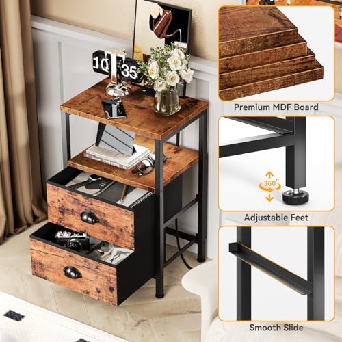 Night Stand Set 2 with Charging Station, LED Light, 2 Drawers, Rustic Brown - Image 6
