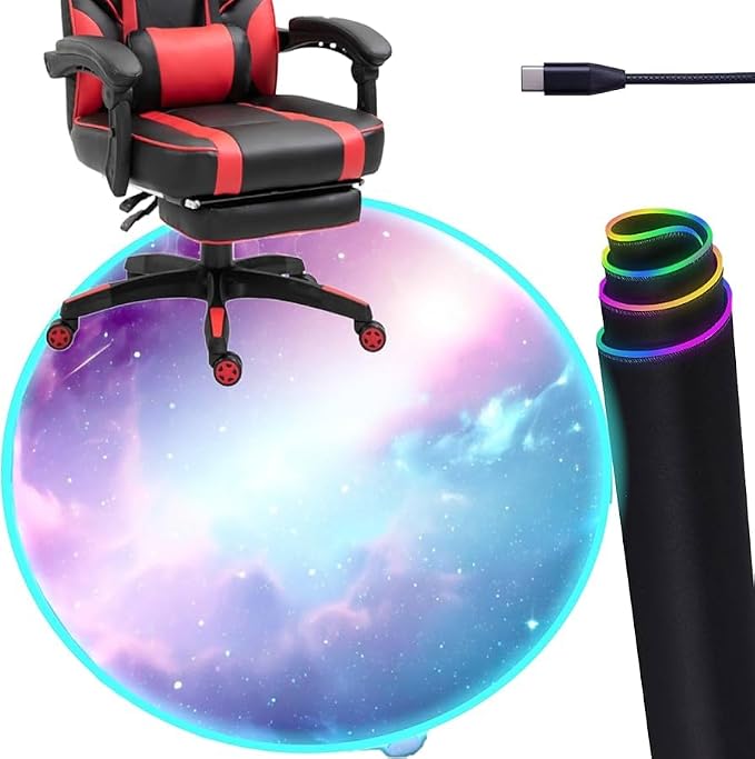 Gaming Chair Mat for Hardwood Floor Circle RGB Gaming Lights (Galaxy 47”) - Noise Cancelling, Anti-Slip Gamer Floor Mat – Scratch Resistant Computer Gaming Mat for Chair – Office Chair Mat by DEALZOOM