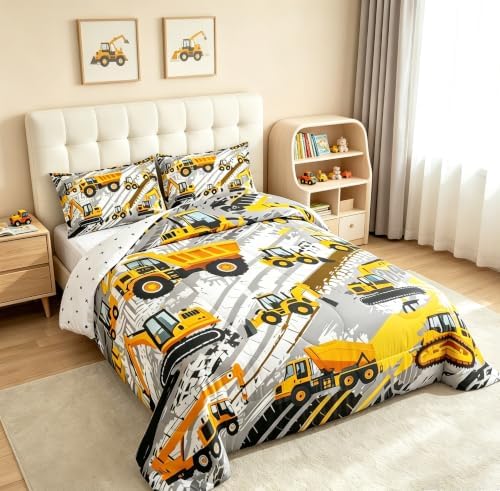 Boys Construction Comforter Set Truck Bedroom Decor for Kids Girls Under Construction Vehicles Down Comforter Nursery Children Cartoon Machinery Truck Excavator Bedding Tractor Cars Duvet Quilt,Full - Image 4