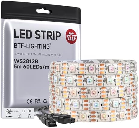 BTF-LIGHTING WS2812B IC RGB LED Strip,UL Listed,Pure Gold Wires,DC5V 16.4FT 300LED 5050SMD,Individually Addressable,Flexible for DIY Chasing Full Color Project,3M Tape,IP65(No Adapter or Controller) by BTF-LIGHTING