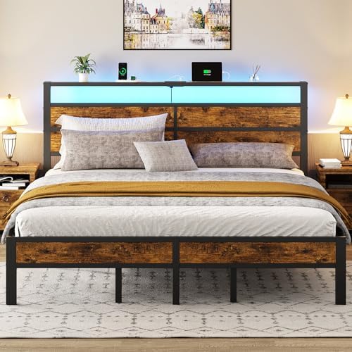 Liians King Size Bed Frame with Storage Headboard, LED Lights by LIIANS
