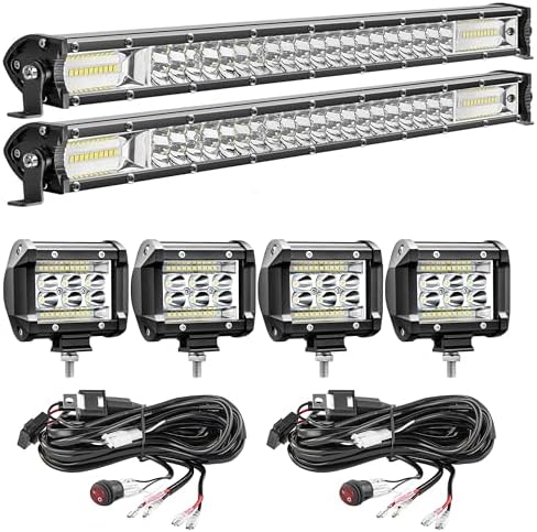 LED Light Bar Kit for Truck, 2 Pcs 20 Inch Slim Light Bars, 4 Pcs 4 Inch LED Pods, 2 Wiring Harness, 12V 24V Off-Road Driving Work Fog Lights for SUV ATV Tractor Pickup Golf Cart by SanYoung-AutomotiveLights