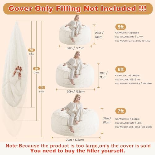 Bean Bag Cover (No Filler) - Faux Fur Beanbag Chairs Covers Only, Stuffed Animal Storage Bean Bag for Adults, Oversized Washable Beanbag Cover Without Filling, 6FT, White - Image 2