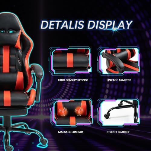 ECOTOUGE Massage Gaming Chair with Footrest & Lumbar Support, Red | Premium PU Leather; Ergonomic Massage Lumbar; 90-135° Recline; Height Adjustable; Retractable Footrest; 330Lbs Steel Frame - Image 5