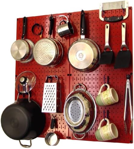 Wall Control Kitchen Pegboard Organizer Pots and Pans Storage Rack Organization Kit with Red Pegboard and Blue Accessories by Wall+Control