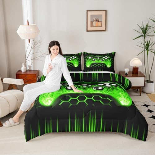 Erosebridal Honeycomb Gamer Boys Bedding Comforter Sets Green Neon Lights Game Console King Size Comforter Set Ombre Art Geometric Hexagon Beehive Bed Set Gaming Decor for Boys Bedroom Decor - Image 5