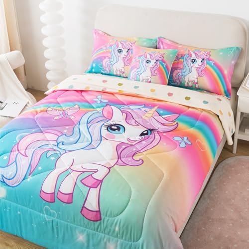ADASMILE A & S 6Pcs Unicorn Bedding Twin for Girls Princess Rainbow Bedding - Image 2