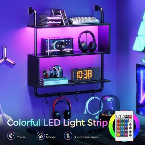 HOOBRO Floating Shelves with LED Lights, 29.5" LED Wall Mounted Gaming Shelf, 3-Tier Pipe Display Rack with Hanging Rod and 4 S-Hooks, for Storage Livingroom, Bedroom, Kitchen, Black BB21DBJ01 - Image 4