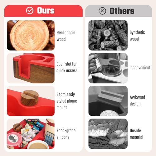 Couch Cup Holder Tray, Real Acacia Wooden Caddy with Soft Silicone, Snack and Drink Organizer- Perfect Movie Night Accessories for Bed, Remote and Cup Holders for Sofa (Red) - Image 6