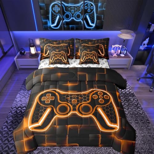 Feelyou Kids Gamer King Comforter Set with Sheets 7 Piece Orange and Black Bedding Set for Boys Teens Decor Gaming Ombre Bed in a Bag Geometric Square Bed Set by Feelyou