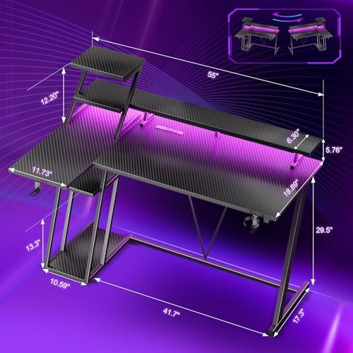 Korfile 55 Inch Gaming Desk with Power Outlet, LED, Monitor Stand, Black - Image 2