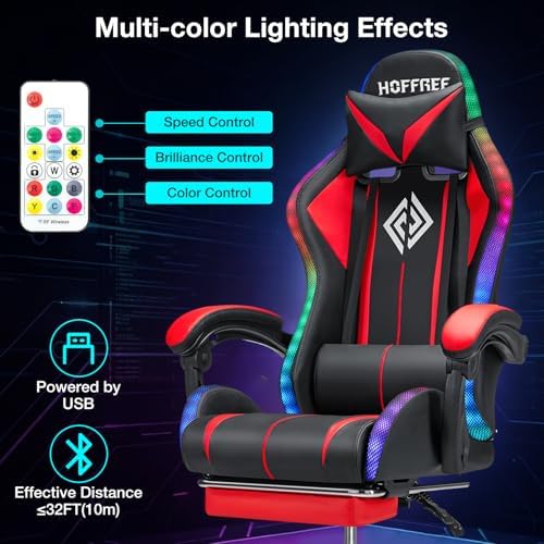 HOFFREE LED Gaming Chair with Massage RGB Lights Computer Game Chair-Red | Ergonomic Reclining Gamer Chair with Footrest High Back Video Game Chair with Adjustable Lumbar Support Linkage Armrest - Image 5
