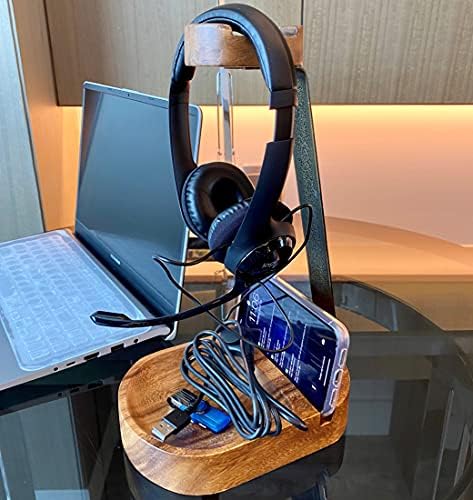 Headphone & Phone Stand, Dual Acacia Wood Holder with Tray, Desk Organizer - Image 2