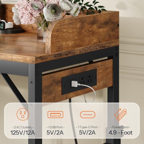 HOOBRO Overbed Table with Wheels, Rolling Table with Outlets & Light Strip for Twin Bed, Mobile Bed Desk & Drawer and Adjustable Height, Giant Computer Desk for Living Room, Rustic Brown BF125UDDN01 - Image 6