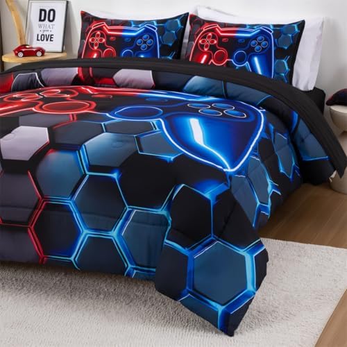NTBED 3D Gaming Comforter Set for Boys Kids Teens,5pcs Gamer Bedding Sets with Sheet,Game Console Bed in a Bag (Red Blue, Full) - Image 3