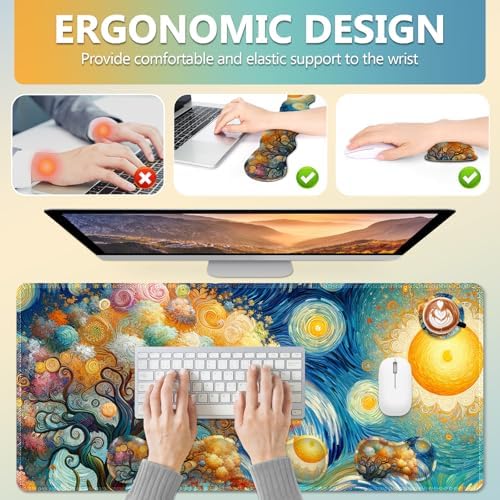 AIMSA Keyboard Mouse Pad Set, Large Gaming Mouse Pad + Wrist Rest + Mouse Pad with Wrist Support + Coaster, Easy Typing Pain Relief Desk Mat for Home Office, Starry Sky Tree - Image 3