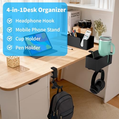 OOKUU 4-in-1 Desk Organizer- Large Desk Cup Holder Clamp with Headphone Stand, Pencil Holder and Phone Stand - Detachable, Rotating Hanger, Office & PC Gaming Accessories for Cup, Phone and Pen - Image 3