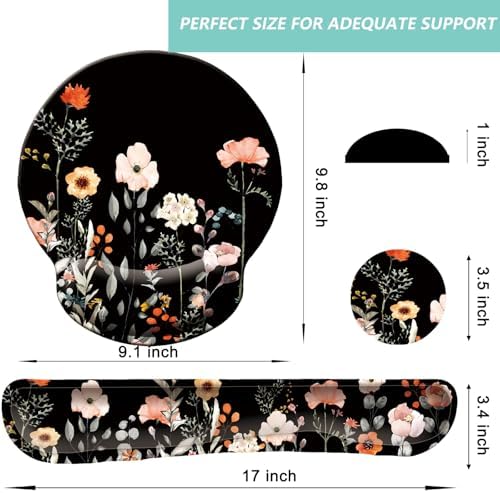 Keyboard Wrist Rest Pad Mouse Pad with Wrist Support Set of 3, Mousepad with Non-Slip Rubber Base, Ergonomic Memory Foam Mouse Wrist Cushion Support for Home Office Laptop Computer, Flower Black - Image 6