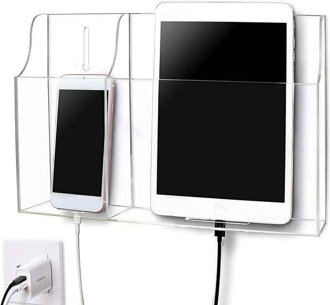 Clear Wall Tablet Holder Acrylic Wall Mounted Phone Holder for iPad, Remote Control Holder Laptop Stand for eReader Storage Caddy with Charging Holes for Kindle iPhone by Pansyling