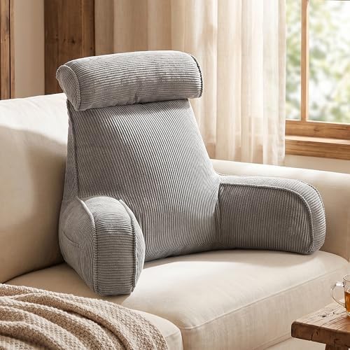 Corduroy Reading Pillow for Sitting Up in Bed, Backrest Pillow with Arms, Full Back Support Cushion with Side Pockets & Washable Cover, Adult Support for Sofa Couch Floor, Light Gray - Image 2