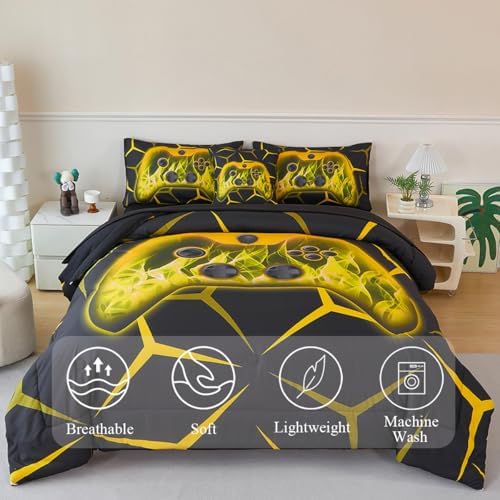Kids Comforter Set Yellow Gamer Queen Bedding Set for Boys - Image 2