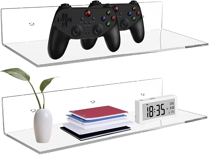 Sezanrpt 17 Inches Acrylic Wall Shelves 2 Pack, Floating Shelf for Wall Mounting, Acrylic Display Ledges for Funko Pop Figures, Home Décor, Living Room, Gaming Room, Plants(17 inch, Clear) - Image 4