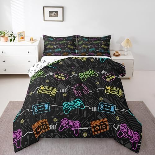 Feelyou Kids Gamer Bedding Set Twin Size, Graffiti Gaming Comforter Set Boys Girls Modern Game Console Comforter Gamepad Teens Duvet Set Bedroom Decor Microfiber Bed Set by Feelyou